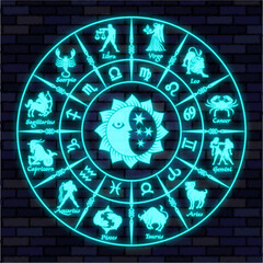 Blue neon horoscope circle.Circle with signs of zodiac.Vector