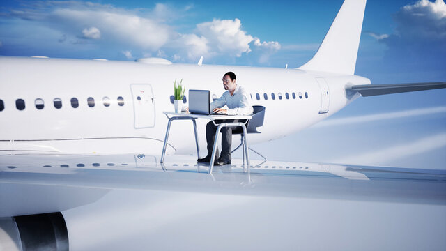 Young busy businessman working on the flying airplane. African male looking into the screen of the laptop on the desk. Creative workspace concept. 3d rendering.
