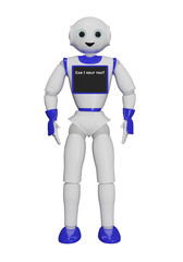 niedlicher 3d Roboter, mit einem Laptop auf dem steht