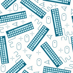 Computer keyboards and thin line mouse devices on white background, vector seamless pattern. Wallpaper, fabric design