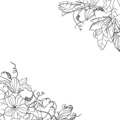 Vector square black and white card. Corner frame with pumpkins, leaves and flowers on white background. Hand line drawing. Template for Thanksgiving greeting card, Harvest festival invitation.