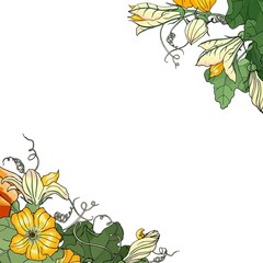 Vector square multicolored card. Corner frame with colorful pumpkins, leaves and flowers on white background. Hand line drawing. Template for Thanksgiving greeting card, Harvest festival invitation.