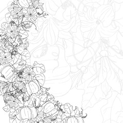 Vector square black and white autumn card. Wave of pumpkins, leaves and flowers. Hand line drawing. Template for Thanksgiving greeting card, Harvest festival invitation.