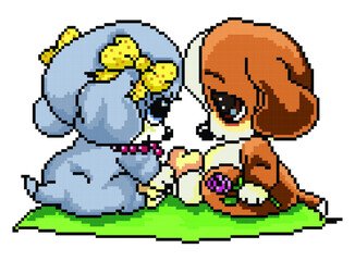 Dog pixel art on white background.
