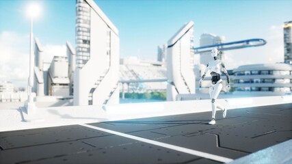 Female robot walking. Futuristic city, town. People and robots. 3d rendering.