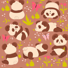 Seamless pattern with cute pandas. Vector graphics.