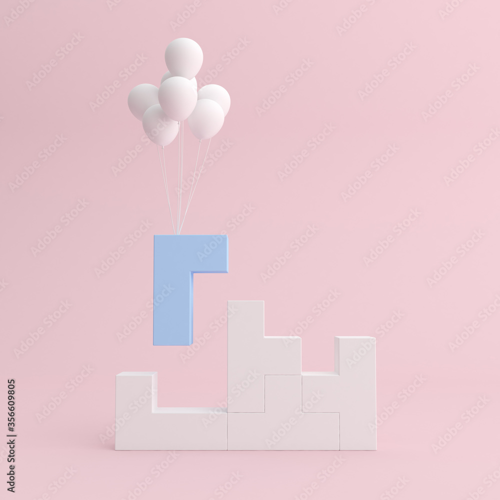 Aufkleber Minimal mock up of stacked geometric blocks and floating balloons,Tetris game. 3D rendering