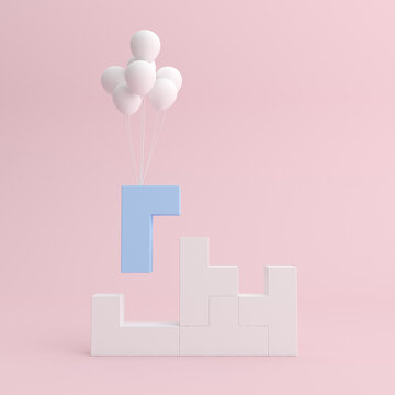 Minimal mock up of stacked geometric blocks and floating balloons,Tetris game. 3D rendering