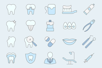 Dentist Icons set - Vector color symbols of medicine, tooth, toothbrush, toothpaste, caries and floss for the site or interface