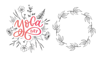 Lettering Yoga. Vector background International Yoga Day. Vector design for poster, T-shirts, bags. Yoga typography. Vector elements for labels, logos, icons, badges.