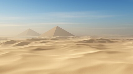 Pyramids in the desert of sand at sunset, 3D rendering