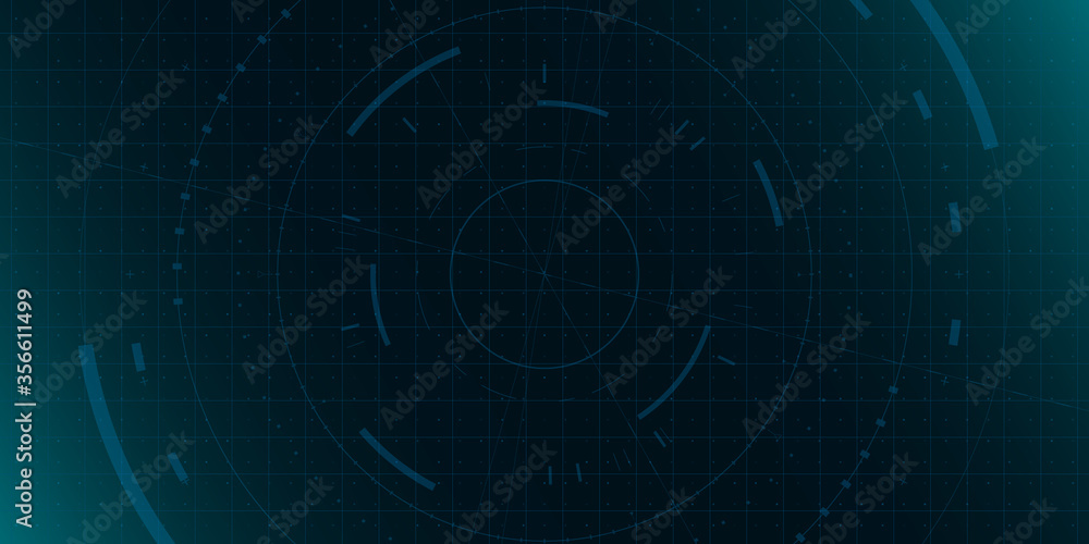 Poster hud dark blue background with grid, dots and circle element. design for science theme, artifical int