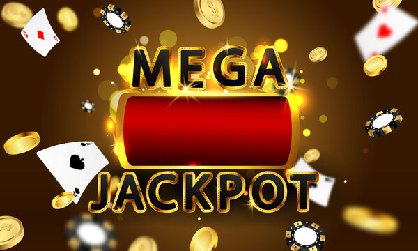Online casino. mega jackpot frame, slot machine, casino chips flying realistic tokens for gambling, cash for roulette or poker,