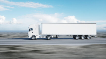 white truck. trailer on the road, highway. Transports, logistics concept. 3d rendering.