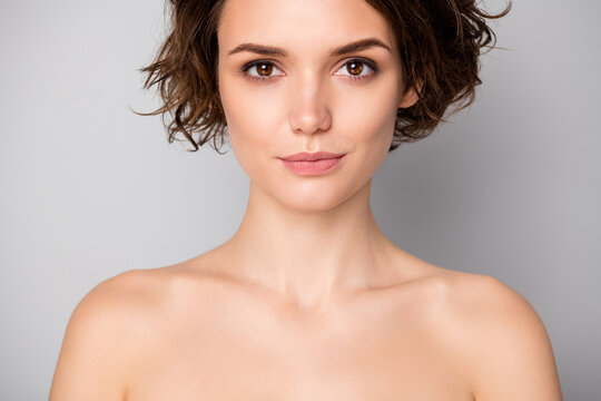 Closeup photo of beautiful naked lady bobbed short hairstyle positive emotions after spa salon procedures perfection concept isolated grey color background