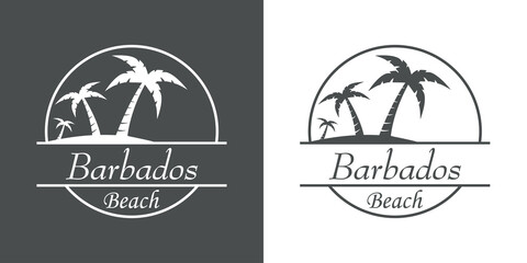Símbolo destino de vacaciones. Icono plano texto Barbados Beach en círculo con playa y palmeras en fondo gris y fondo blanco