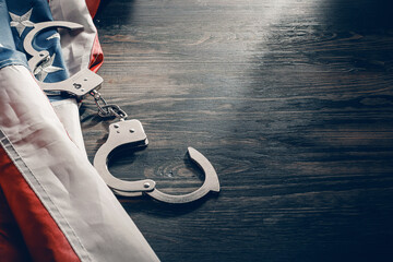 american flag and handcuffs on a wooden table