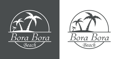Símbolo destino de vacaciones. Icono plano texto Bora Bora Beach en círculo con playa y palmeras en fondo gris y fondo blanco