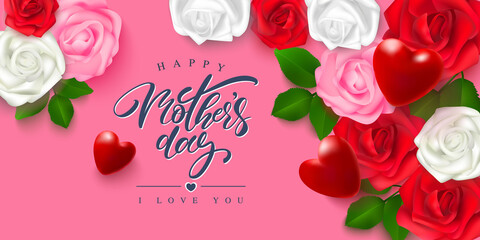 Greeting card for Mother's Day with roses and hearts .Vector illustration for banners.