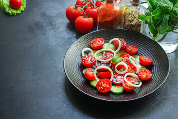 salad tomato cucumber vegetables Menu concept serving size. food background top view copy space for text organic healthy eating
