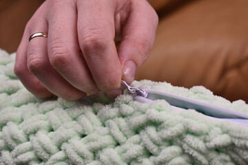 knitted plaid with handmade pattern