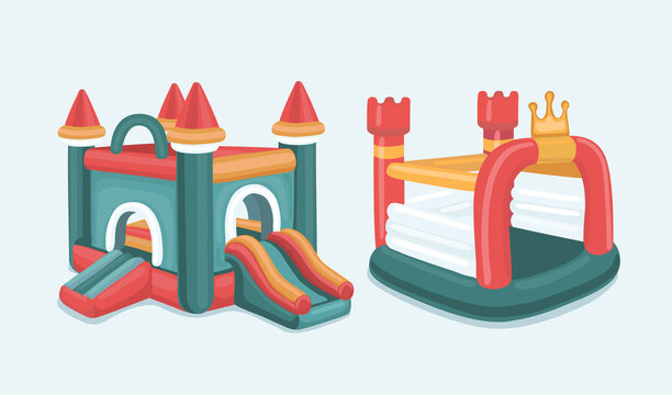 big Vector illustration set of inflatable castles and children hills on playground. Pictures isolate on white background