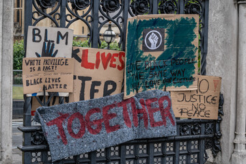 Black Lives Matter Placards on the railings of the Houses of Parliament on Bridge Street, London, UK