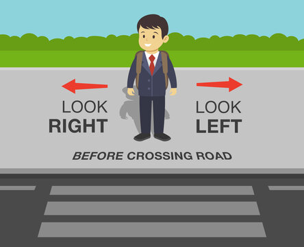 School kid is going to cross the road. Look right, look left safety rule. Flat vector illustration.