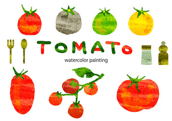 手描きのカラフルトマトセット　水彩テクスチャ