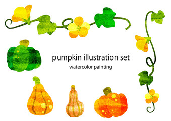 いろんなカボチャセット　水彩テクスチャ