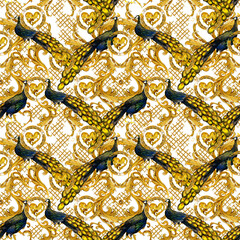 Gold damask curls seamless pattern. watercolor black peacock and filigree golden ornament illustration. East motive textile design
