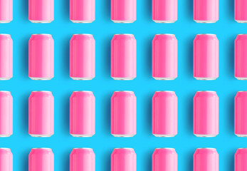 Seamless pattern aluminum pink can mockup on blue background.