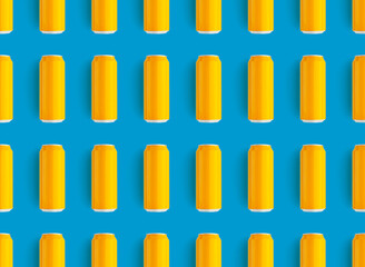 Seamless pattern aluminum yellow can mockup on blue background.