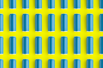 Seamless pattern aluminum blue can mockup on yellow background.