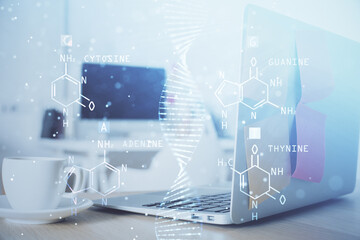 Desktop computer background and DNA drawing. Double exposure. Science concept.