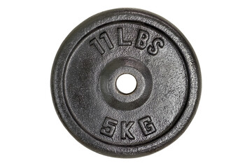 Weight for sport isolated on white background. Gym equipment 5 kilograms (kg.) Black metal barbell...