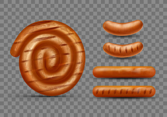 Realistic vector illustration of pork or beef grill sausages set, isolated on dark transparent background. Classic BBQ sausages and rolled in coil fried on barbecue. Tasty unhealthy meat food.