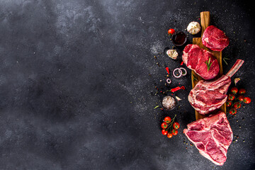 Set of various classic, alternative raw meat, veal beef steaks - chateau mignon, t-bone, tomahawk,...