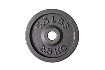 Weight for sport isolated on white background. Gym equipment 2.5 kilograms (kg.), Black metal barbell tool plate for exercise and fitness. Dumbbell heavy concept.