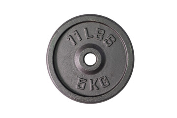 Weight for sport isolated on white background. Gym equipment 5 kilograms (kg.), Black metal barbell...