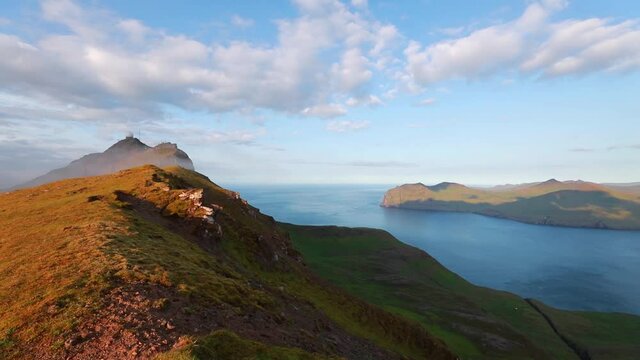 Breathtaking morning view of popular tourist destination - Sornfelli, Streymoy island. Aerial seascape of Atlantic ocean, Faroe Islands, Denmark. Full HD video (High Definition).
