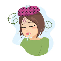 Middle aged sad woman having fever with thermometer on mouth virus infection concept