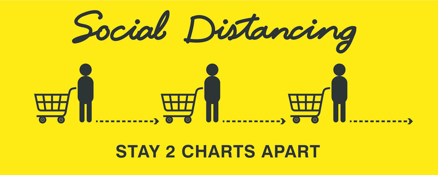 Social distancing concept for preventing coronavirus covid-19 with Wording Social distancing Stay 2 charts apart and Shopping cart with a man icon to keeping distance on yellow background