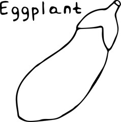 Vector illustration of a eggplant in the Doodle style, hand-drawn black outline on a white background with the text "Eggplant". Can be used for paper, textiles, fabrics, books, paper Wallpaper