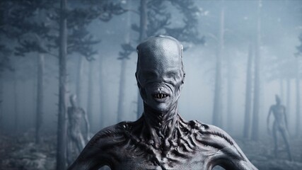 scary monster in fog night forest. Fear and horror. Mistic and ufo concept. 3d rendering. © 3D motion