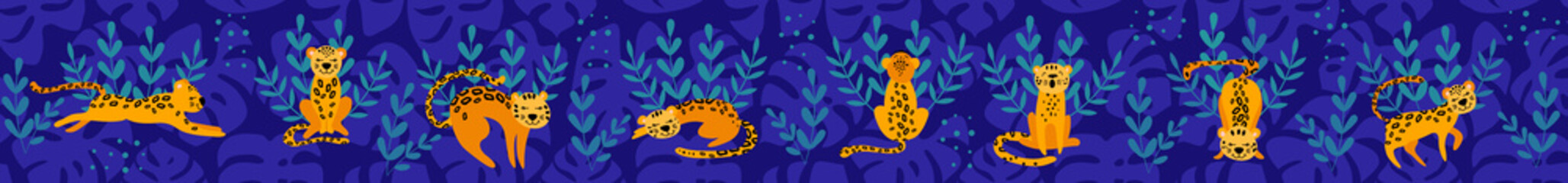 Long web banner with cute cartoon leopards. Social media cover image. Flat vector illustration.