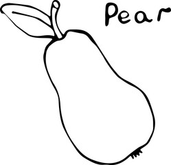 Vector illustration of a pear in the Doodle style, hand-drawn black outline on a white background with the text 
