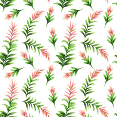 Pink, green plants, flowers on a white background. Wedding seamless pattern design for paper, packaging, textile, fabric.