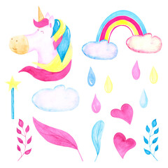 16 elements of watercolor unicorn, rainbow, clouds, leaves, hearts, drops of water, and magic wand. Hand-drawn set of colorful cartoon illustrations. Princess collection of cartoon clipart.