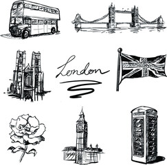Set of sketchy style hand drawn isolated illustrations of world famous landmarks. london symbols. Travel and tourism. Great Britain, England. (vector) Buildings, architecture.